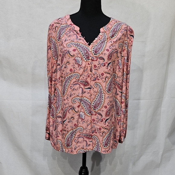 Talbots 100% Rayon V-neck Paisley Peasant Top Pink Blue Size XL - Picture 1 of 8